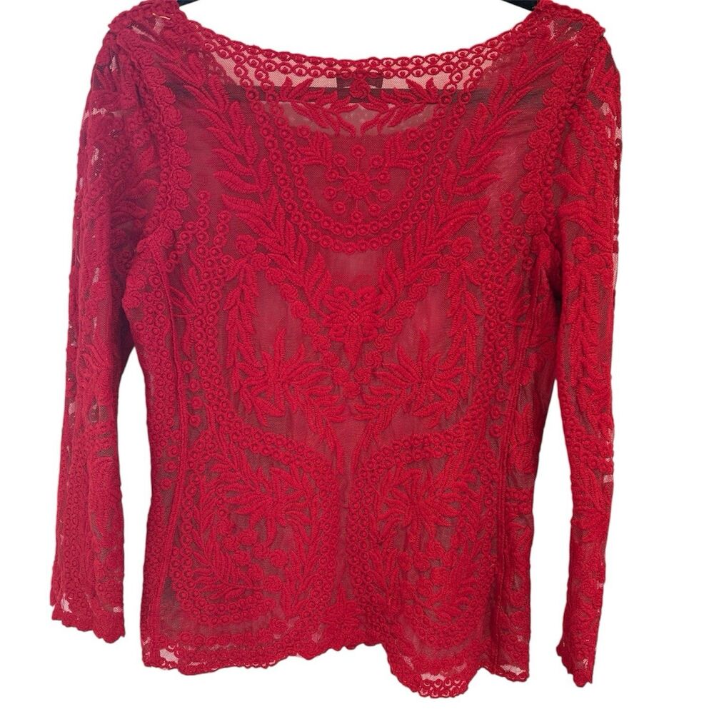 Express Red Lace Mesh Overlay Top Size Small Floral Embroidered Scalloped